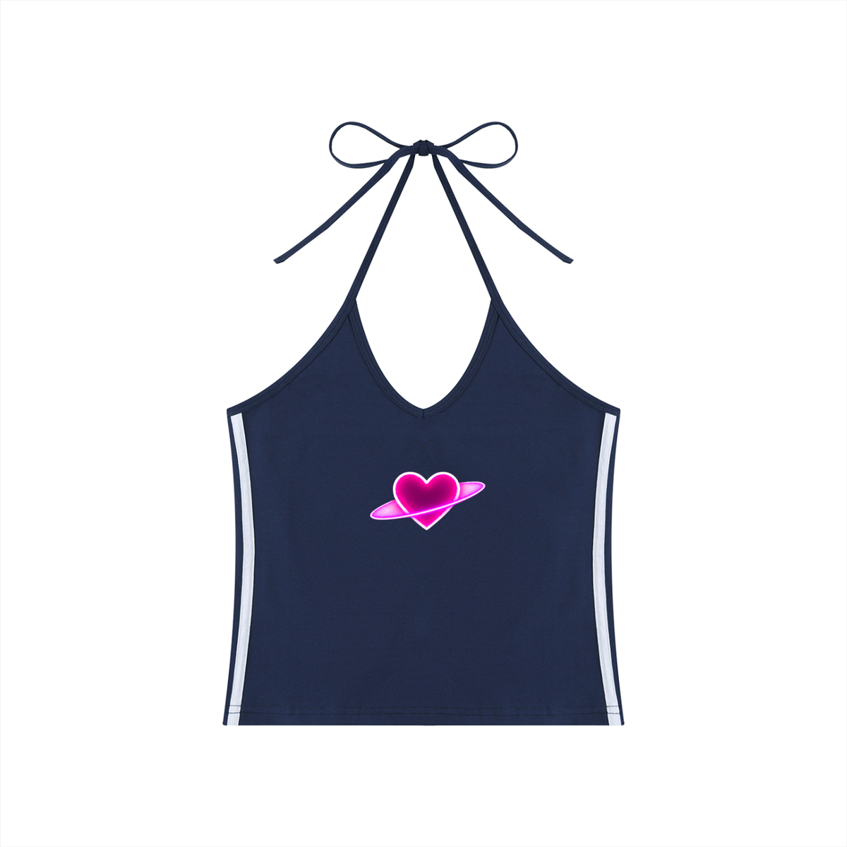 Navy blue Cosmic Heart halter crop top with glowing pink ringed-heart graphic, V-neck halter silhouette, and white side stripes.