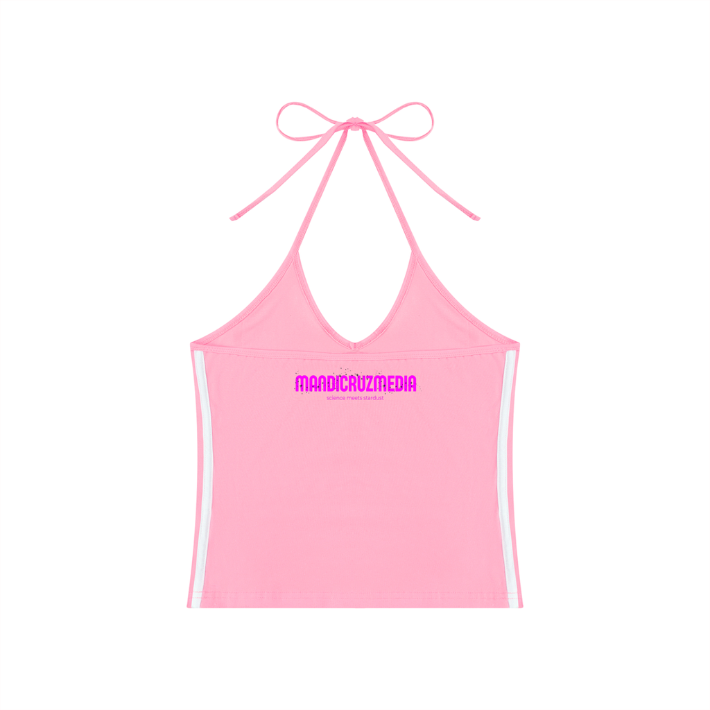 Back view of pink Cosmic Heart halter crop top with tie-neck straps, white side stripes, and Mandi Cruz Media branding.