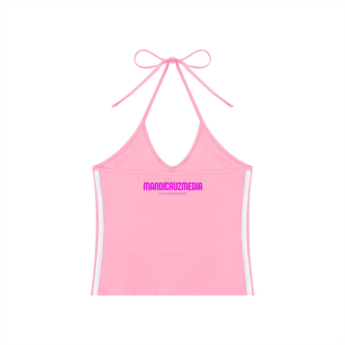 Back view of pink Cosmic Heart halter crop top with tie-neck straps, white side stripes, and Mandi Cruz Media branding.
