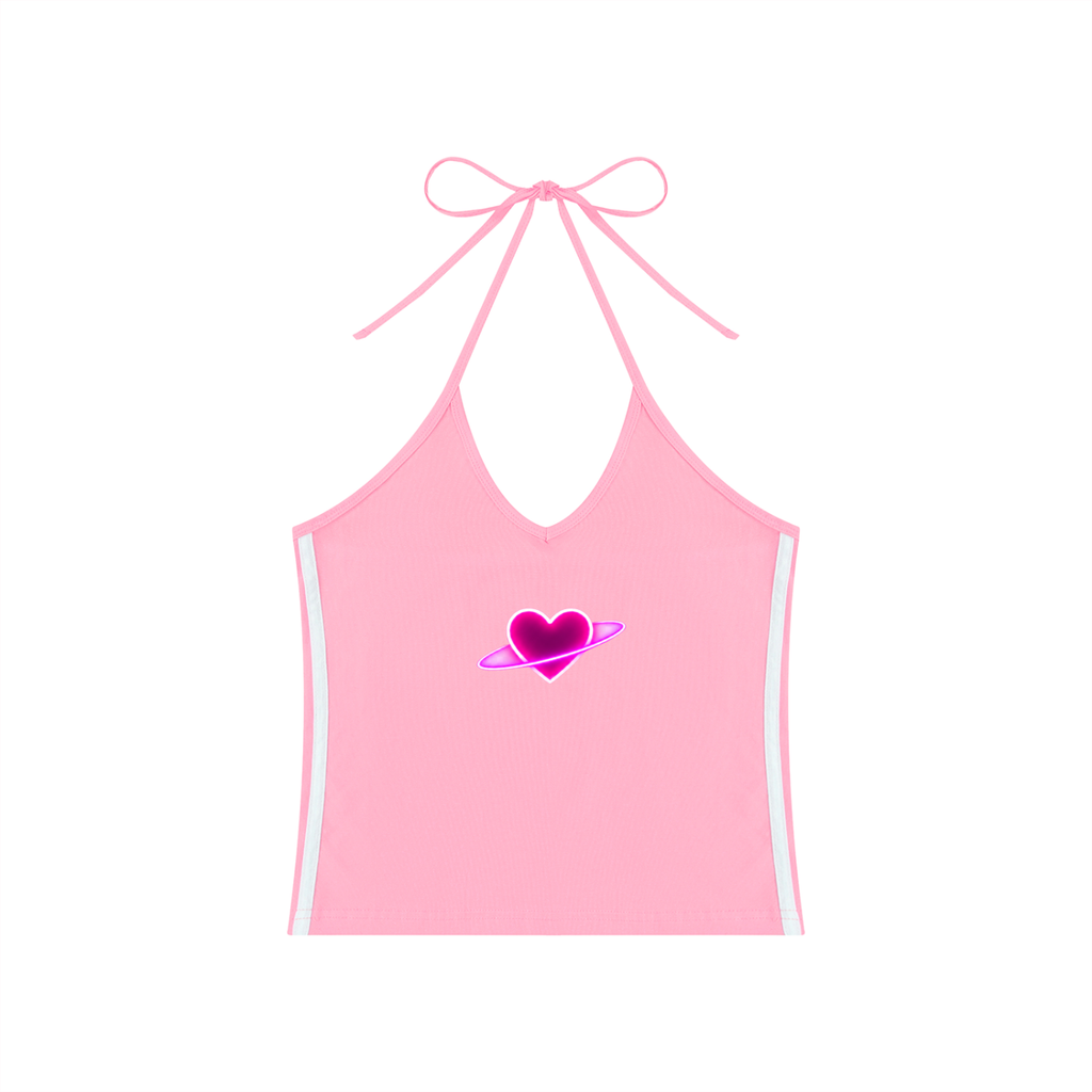 Pink Cosmic Heart halter crop top featuring a glowing planetary heart graphic, true tie-neck halter design, and white side stripes.