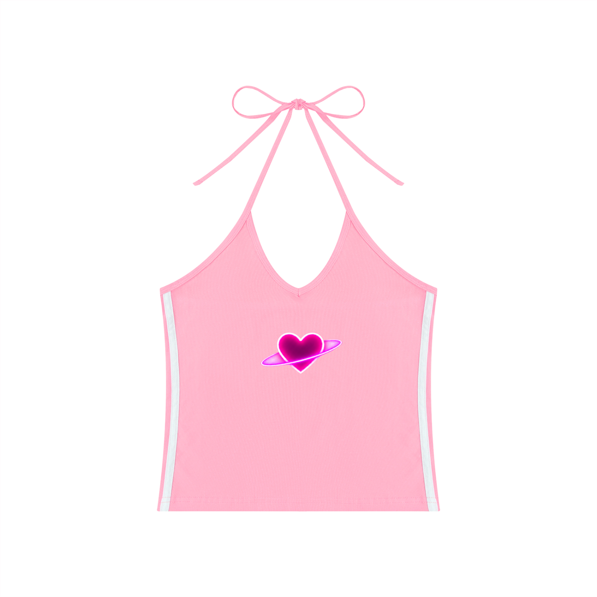 Pink Cosmic Heart halter crop top featuring a glowing planetary heart graphic, true tie-neck halter design, and white side stripes.