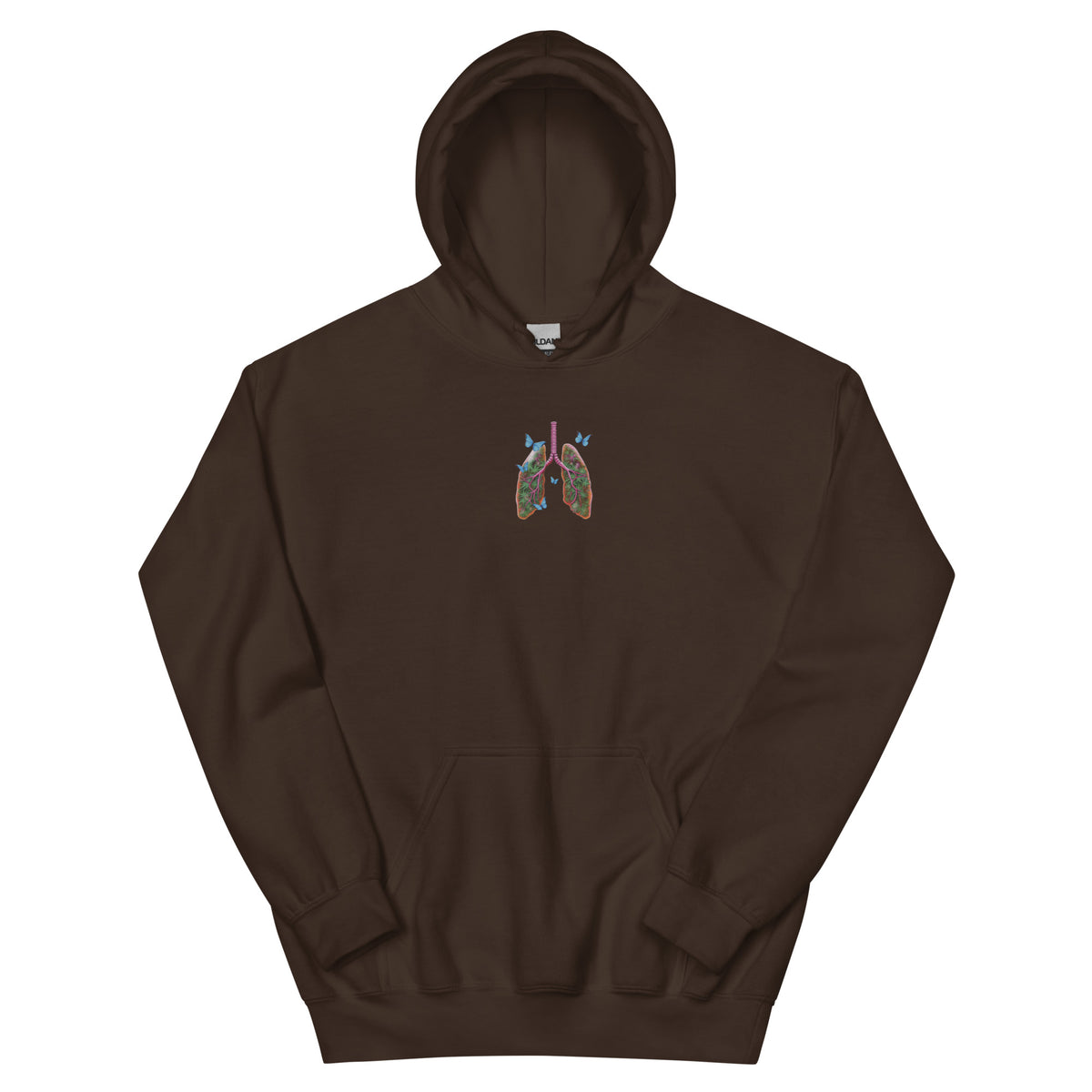 Front product view of the dark chocolate brown unisex hoodie with a colorful Butterfly Lungs chest graphic and kangaroo pocket.
