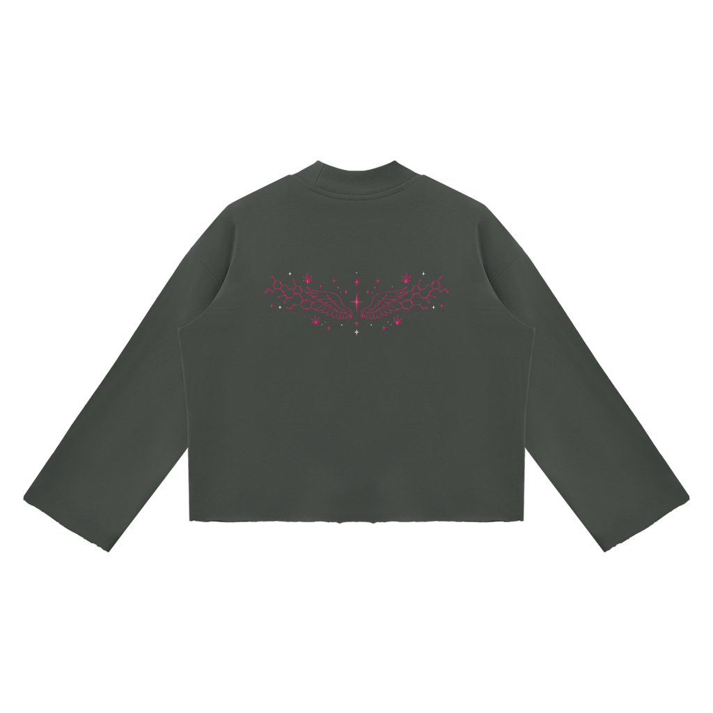 Back product view of the Dark Gray Mandi Cruz Media raw edge boxy sweatshirt featuring pink celestial wing artwork across the upper back.