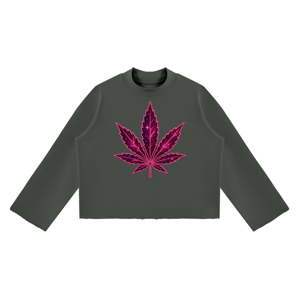 Front product view of the Dark Gray Mandi Cruz Media raw edge boxy sweatshirt featuring a hot-pink celestial leaf graphic.