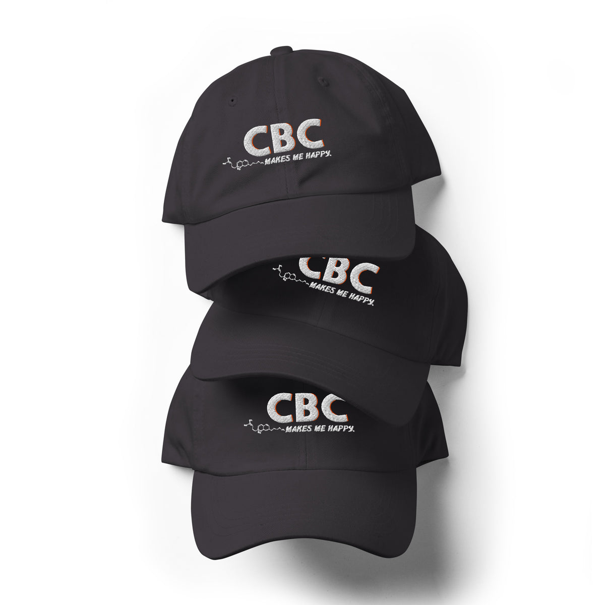 Front view of the dark grey CBC Makes Me Happy dad hat featuring embroidered lettering, a curved brim and a low-profile crown.