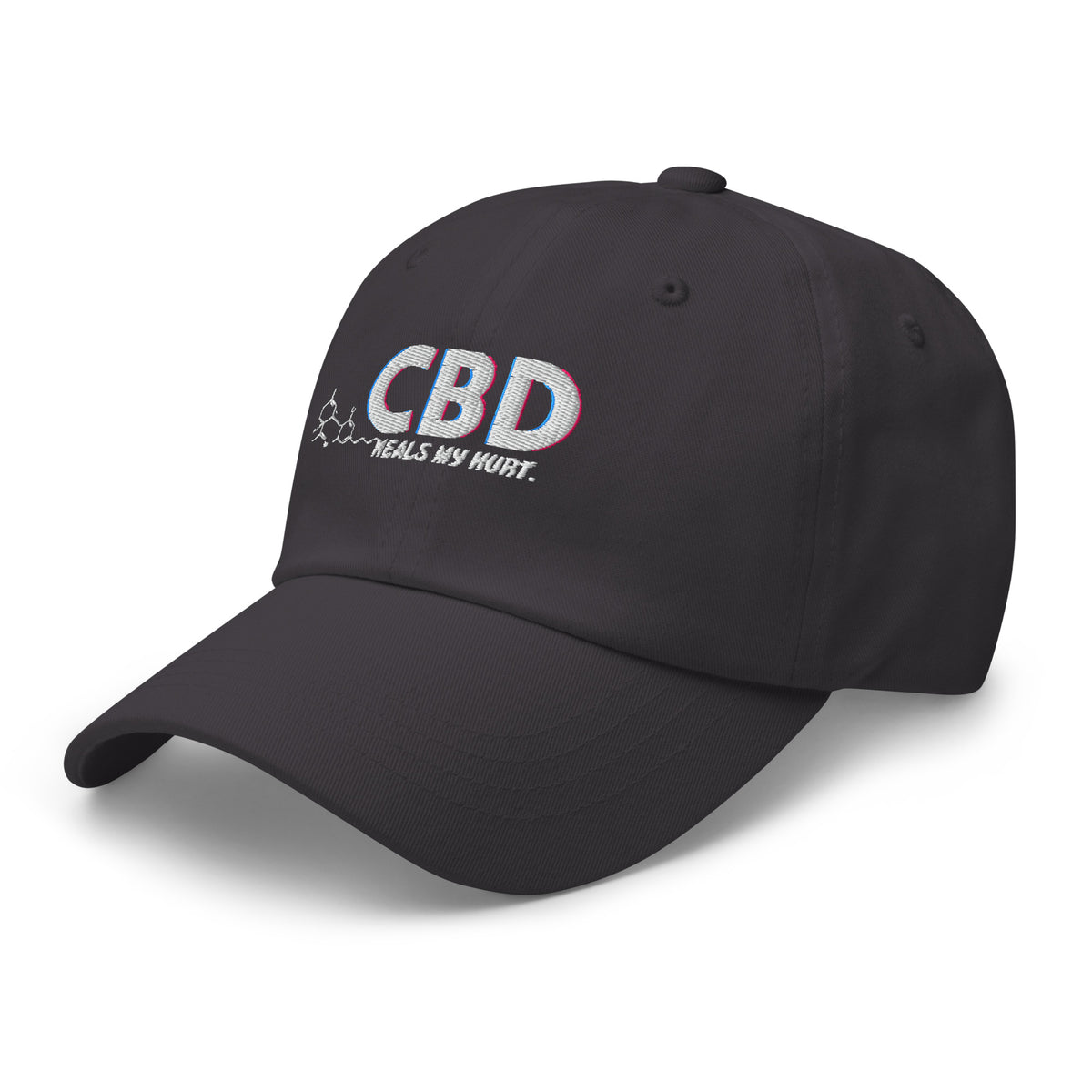 Alternate angled front view of the dark grey CBD Heals My Hurt dad hat and curved brim.