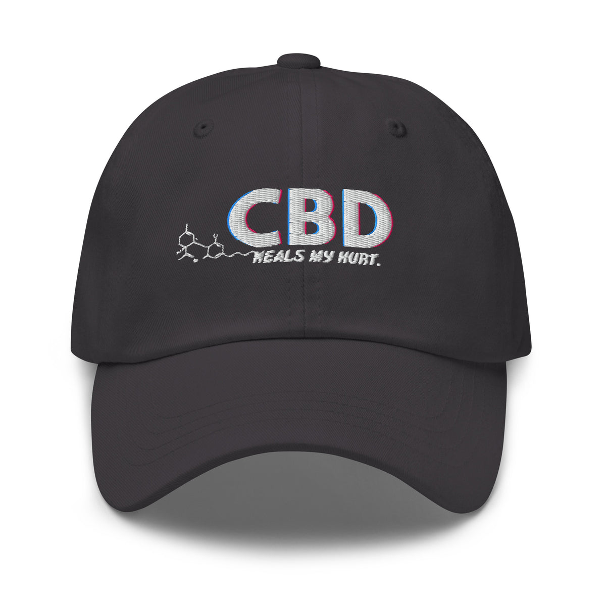 Straight-on front view of the dark grey CBD Heals My Hurt dad hat with embroidered lettering and molecular detail.