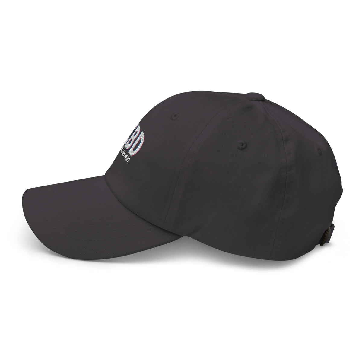 Left-facing side profile of the dark grey CBD Heals My Hurt dad hat with a curved visor.