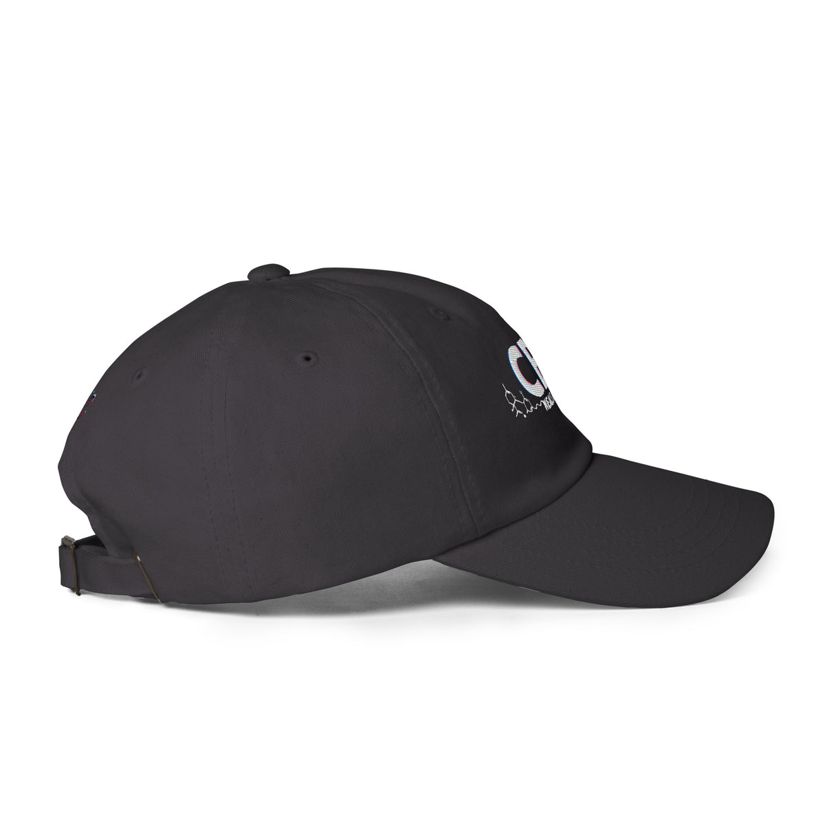 Low side-angle view of the dark grey CBD Heals My Hurt dad hat with a curved visor and low crown.
