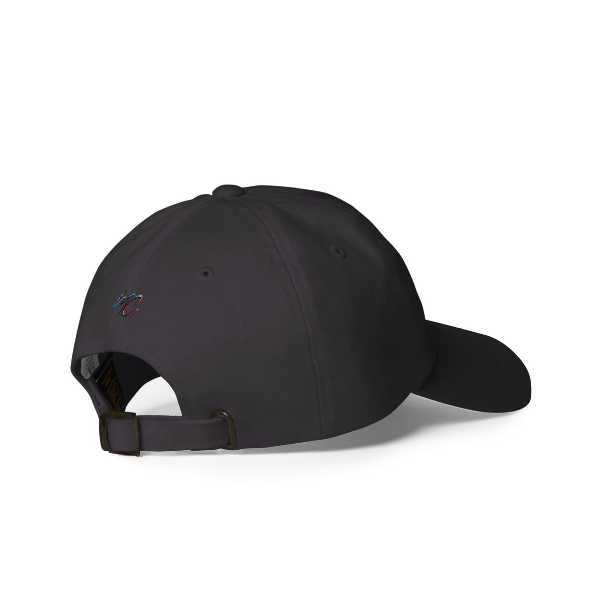Rear three-quarter view of the dark grey dad hat showing the antique buckle and curved visor.