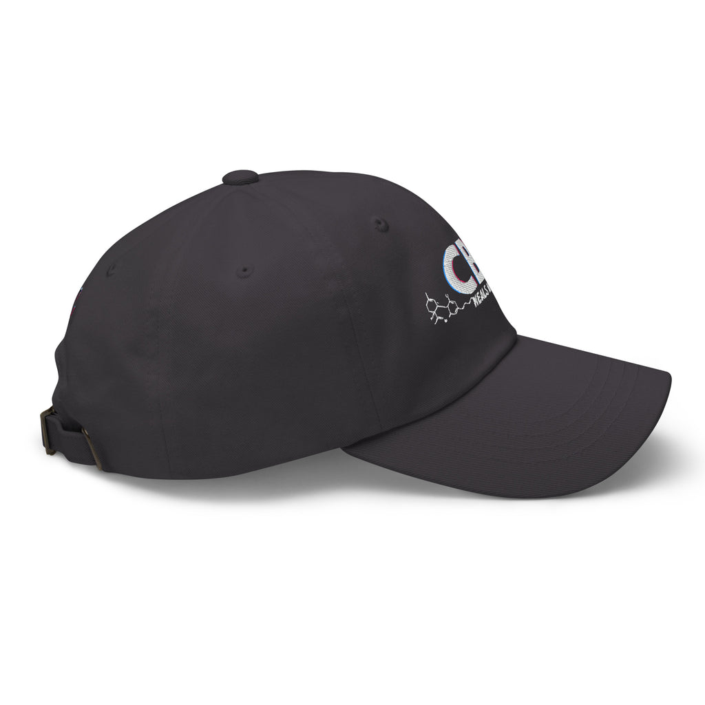Right-facing side view of the dark grey CBD Heals My Hurt dad hat with the embroidered design partly visible.