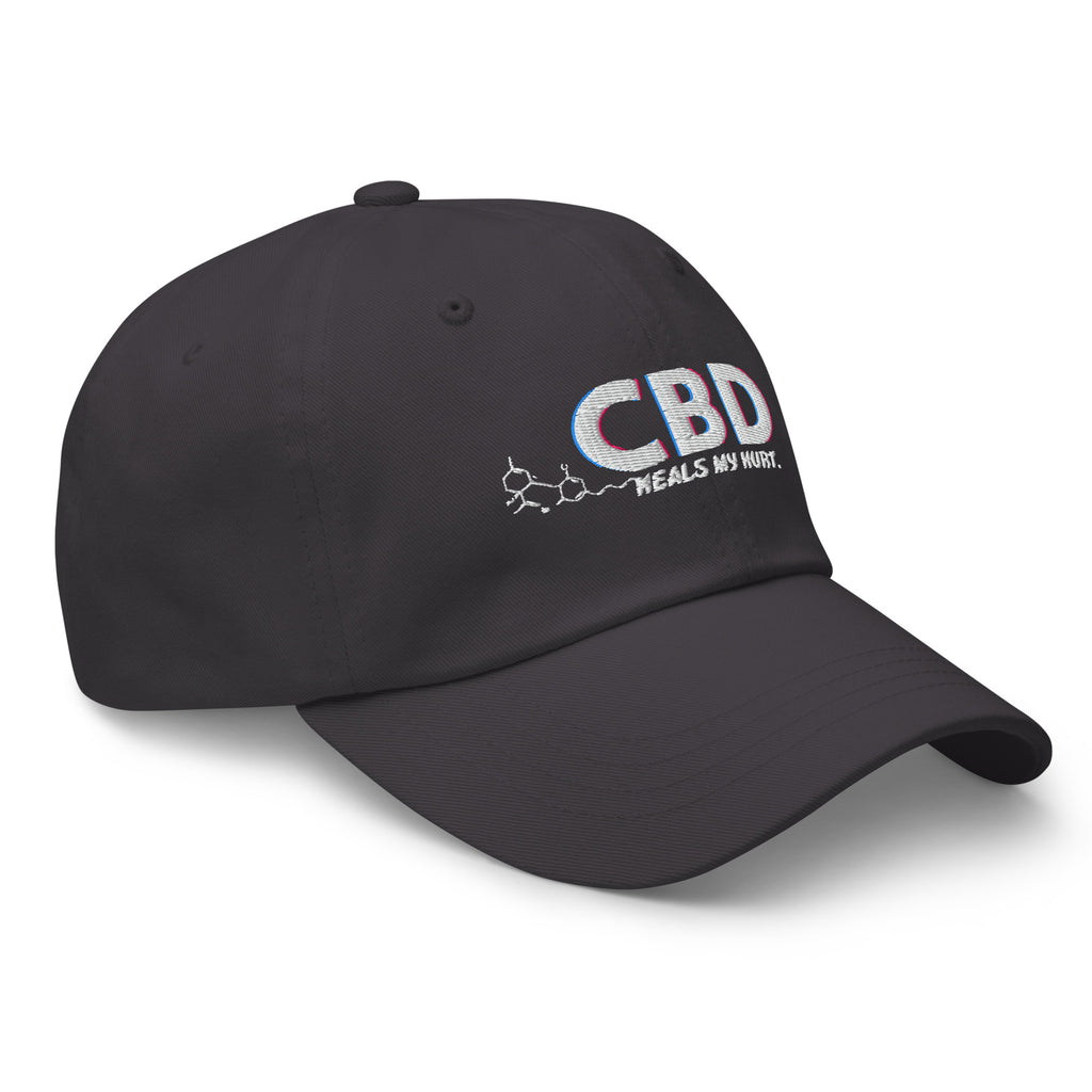 Three-quarter front view of the dark grey CBD Heals My Hurt dad hat with molecular embroidery.