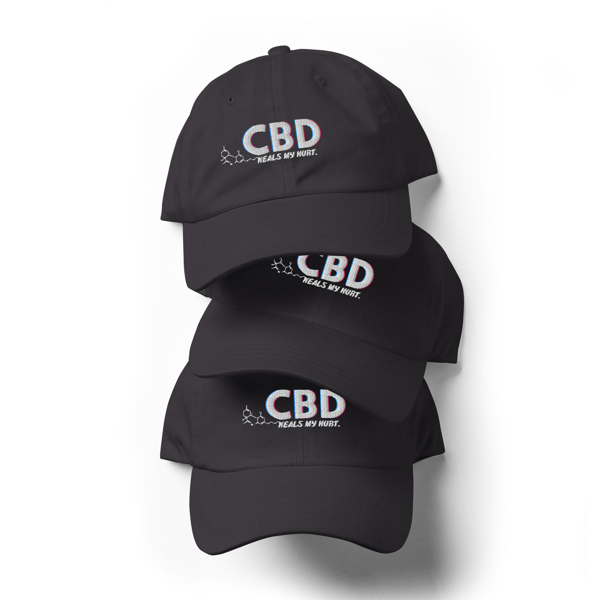 Three dark grey CBD Heals My Hurt embroidered dad hats arranged in a vertical product stack.
