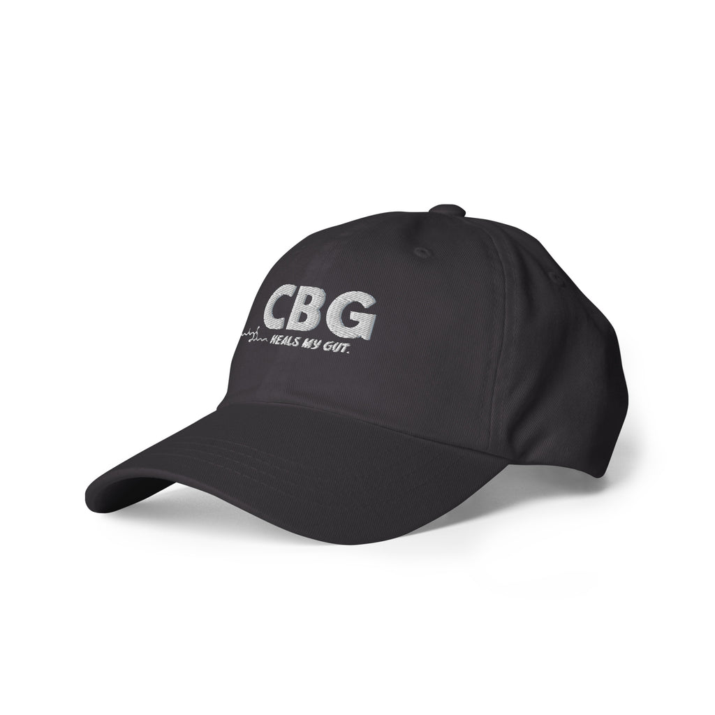 Left-front view of the dark grey CBG Heals My Gut dad hat highlighting the embroidered design and classic curved visor.
