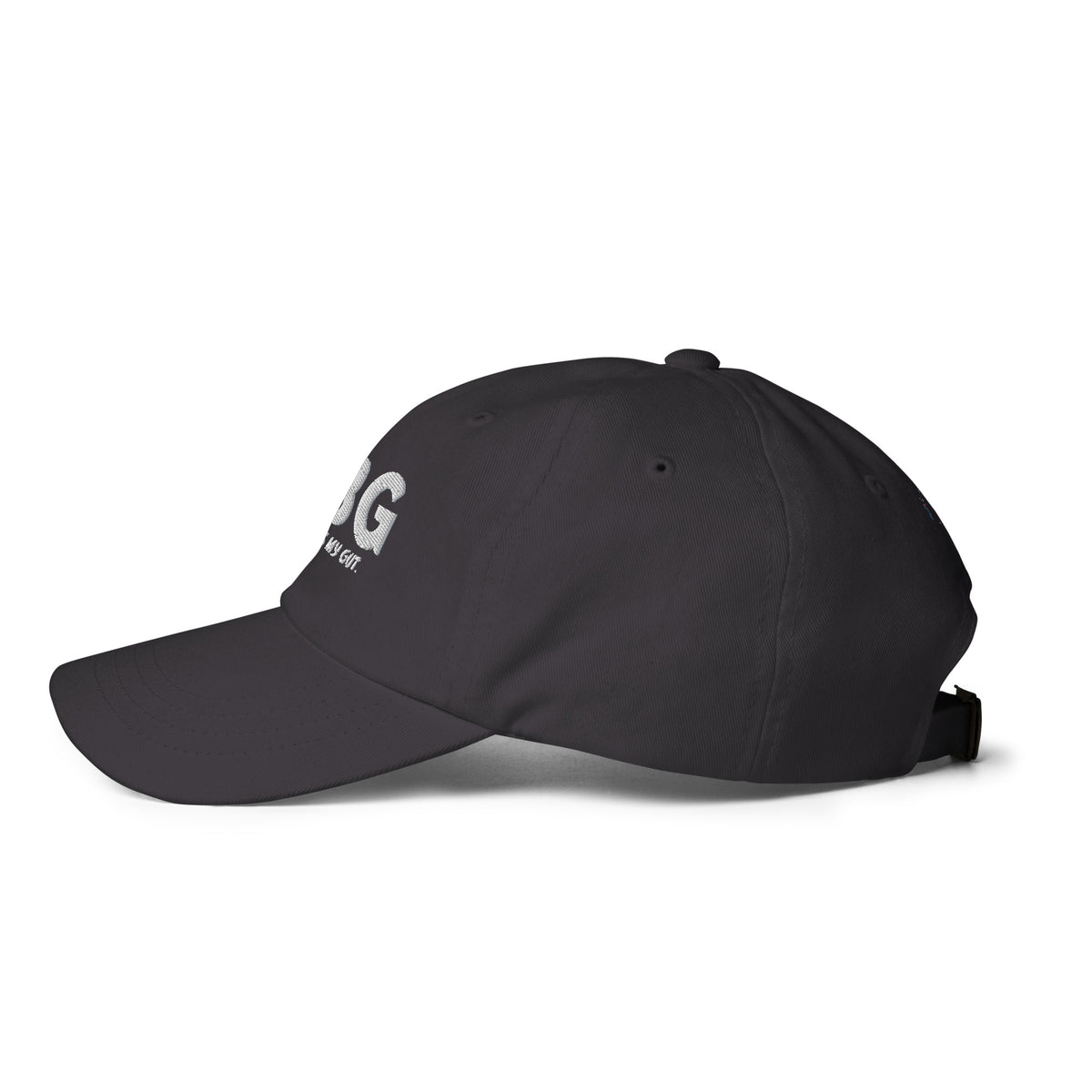 Left-side view of the dark grey CBG Heals My Gut dad hat showing its curved brim, embroidered eyelets and low-profile crown.
