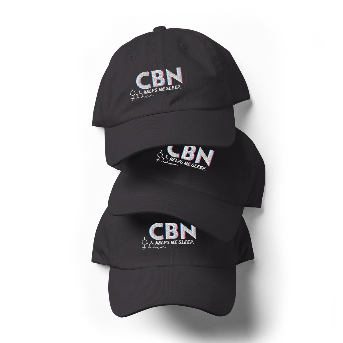 Front product view of the dark grey CBN Helps Me Sleep dad hat with embroidered front artwork.