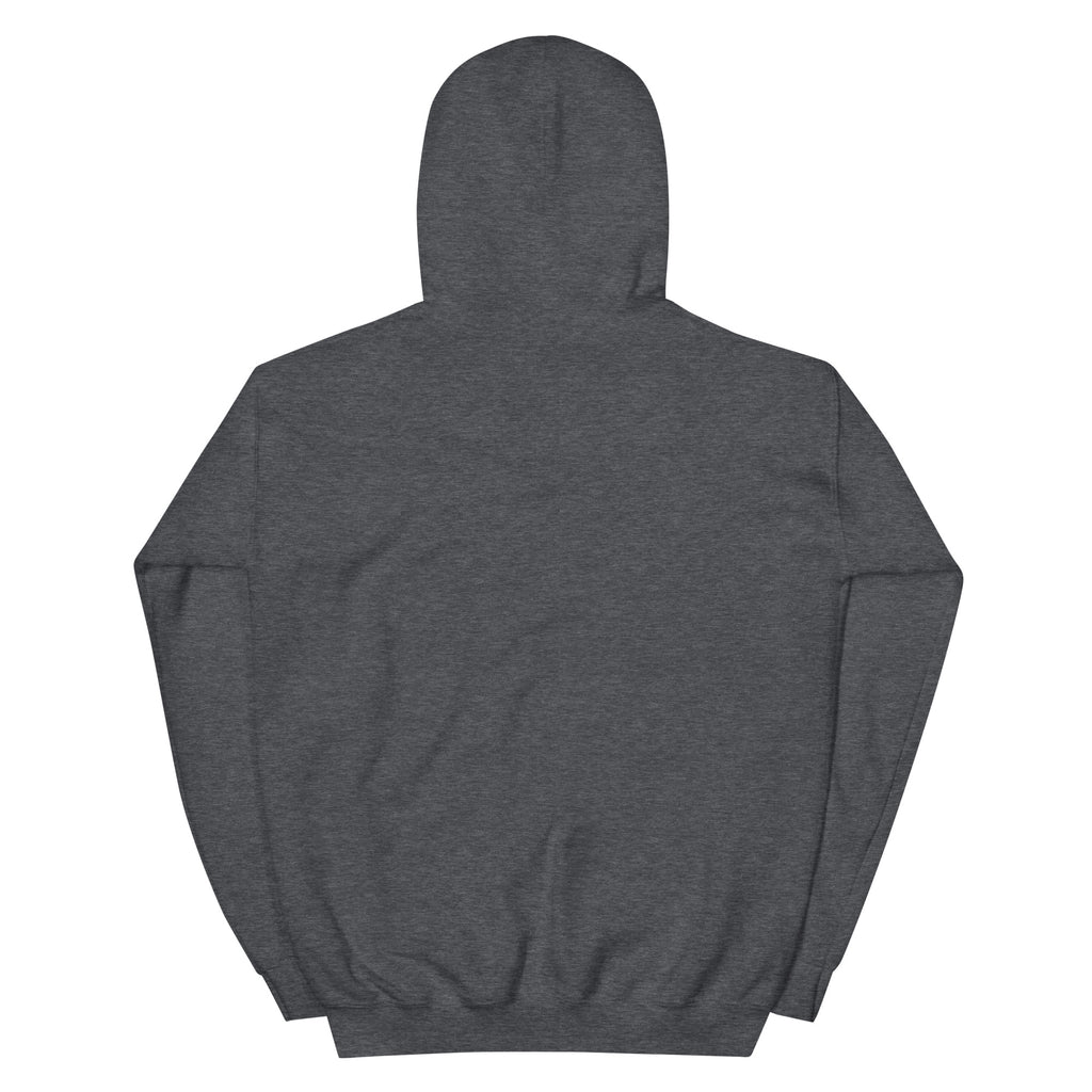 Back product view of the dark heather Butterfly Lungs hoodie showing the plain back, hood, sleeves and ribbed hem