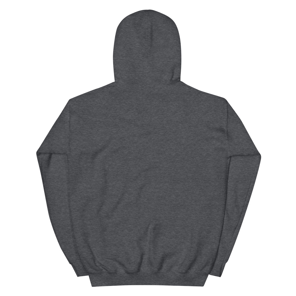 Back product view of the dark heather Butterfly Lungs hoodie showing the plain back, hood, sleeves and ribbed hem