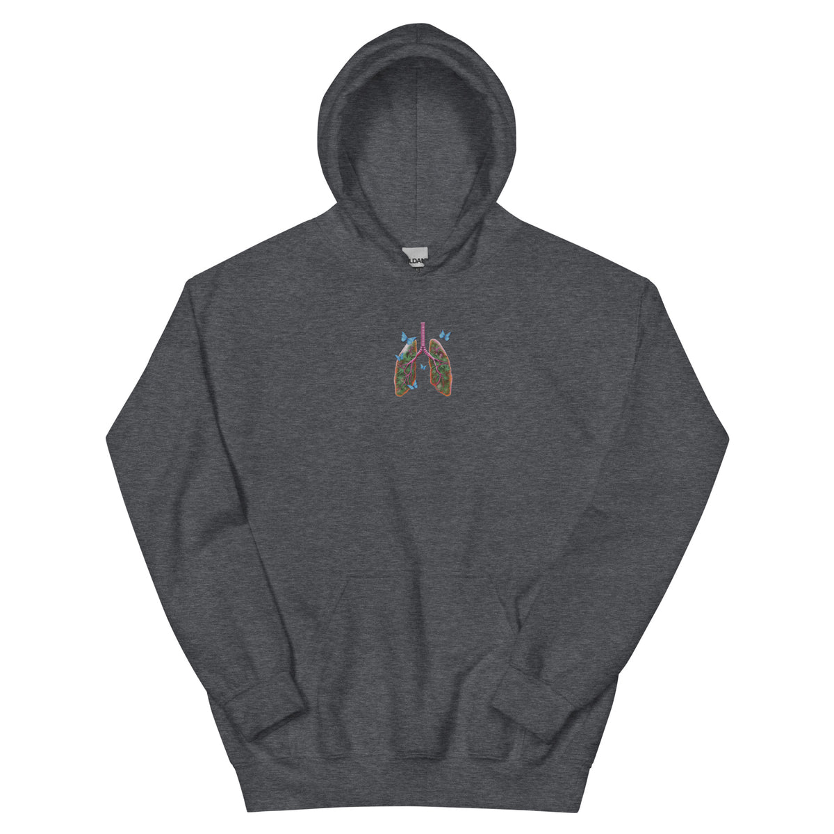 Front product view of the dark heather grey unisex hoodie with a colorful Butterfly Lungs chest graphic and kangaroo pocket.