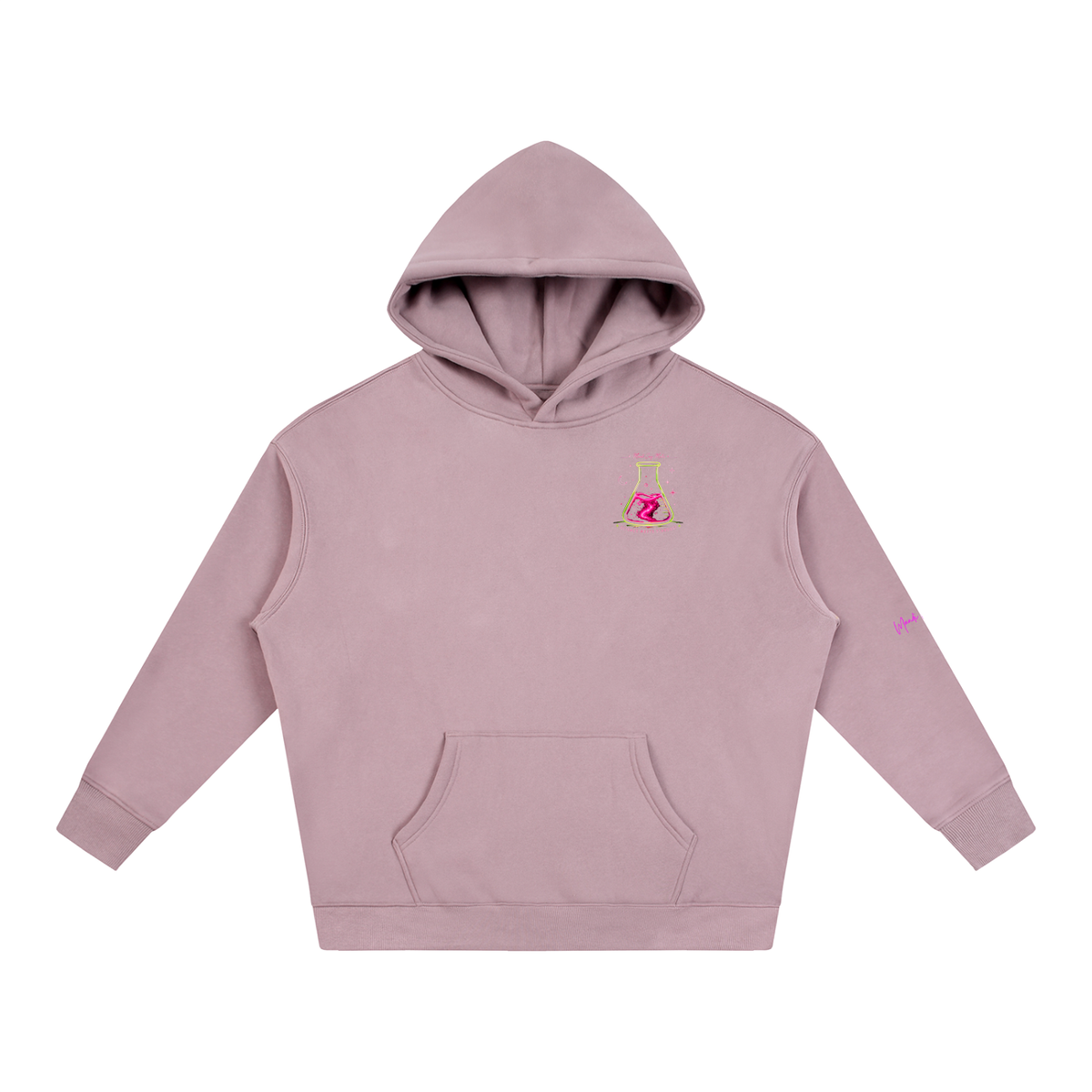 Front view of dusty pink Mandi Cruz Media oversized fleece hoodie with drop shoulders, kangaroo pocket and small Science Meets Stardust chest graphic