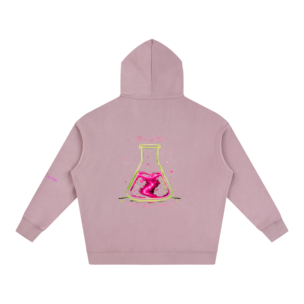 Back view of dusty pink oversized fleece hoodie featuring colorful Mandi Cruz Media laboratory flask artwork with cosmic detailing