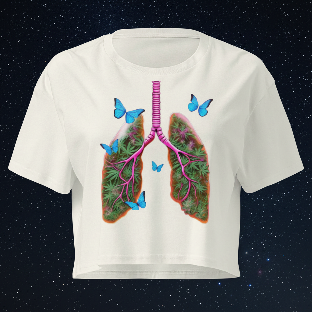 Front view of the ecru women’s crop top featuring Butterfly Lungs artwork with botanical and celestial details.