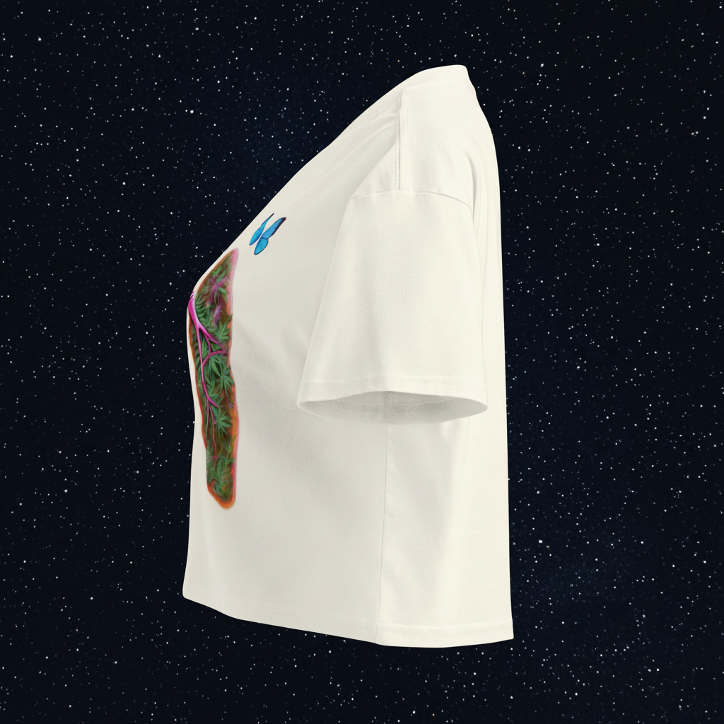 Left-side view of the ecru Butterfly Lungs crop top showing its relaxed sleeve, cropped hem and partial front artwork