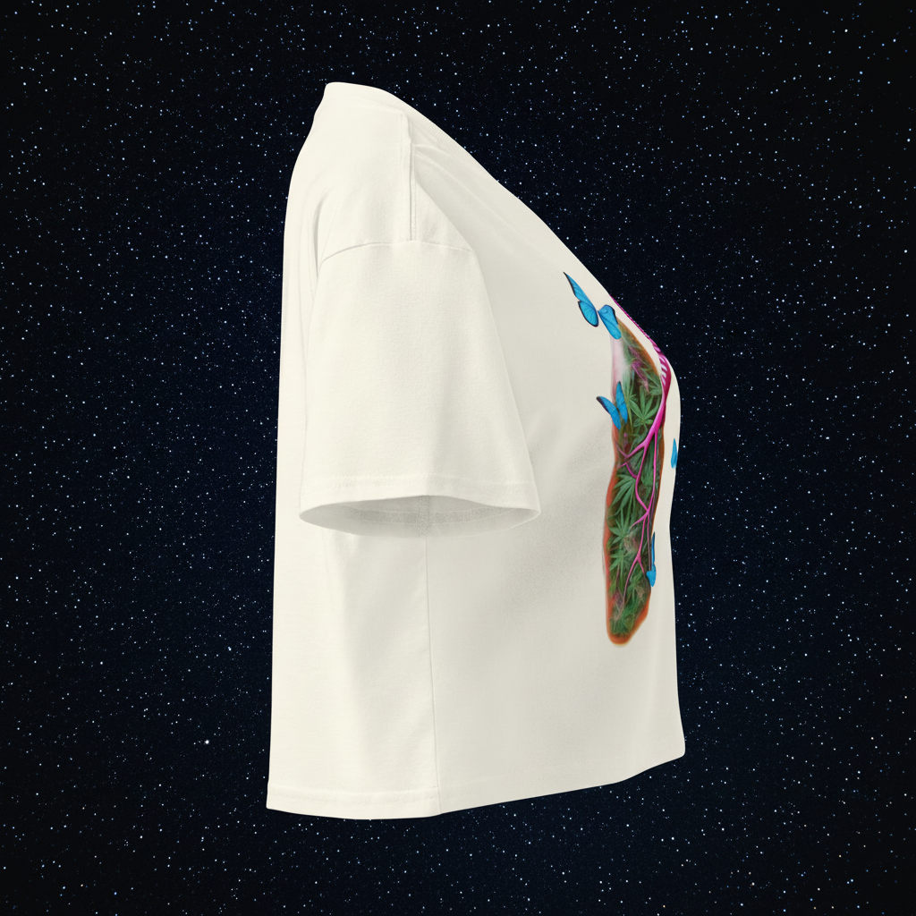 Right-side view of the ecru Butterfly Lungs crop top showing its relaxed fit, cropped hem and partial front artwork