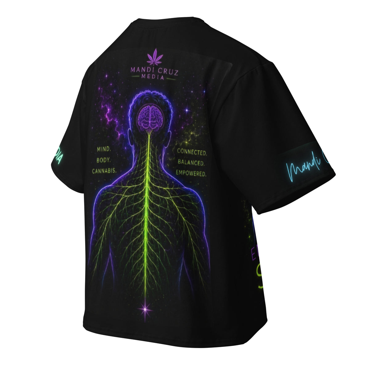 Back product view of the oversized Endocannabinoid System tee featuring a neon brain, branching nervous system and Mandi Cruz Media branding.