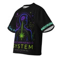 Front product view of the black oversized Endocannabinoid System tee featuring neon brain, nervous-system, cannabinoid and botanical artwork.