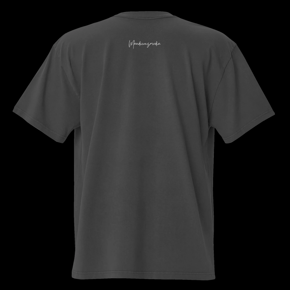 Back view of the faded black oversized tee Back view of the faded black oversized tee with a small white Mandi Cruz Media script logo below the collar.
