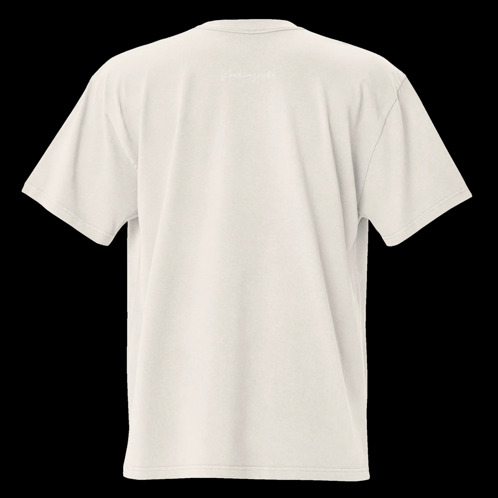 Back view of the faded bone oversized tee with a subtle Mandi Cruz Media script logo below the collar.
