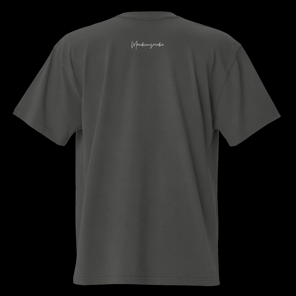 Back view of the faded coal oversized tee with a small white Mandi Cruz Media script logo below the collar.