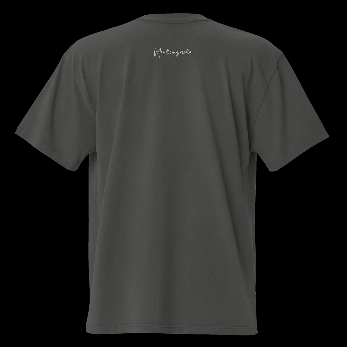 Back view of the faded coal oversized tee with a small white Mandi Cruz Media script logo below the collar.