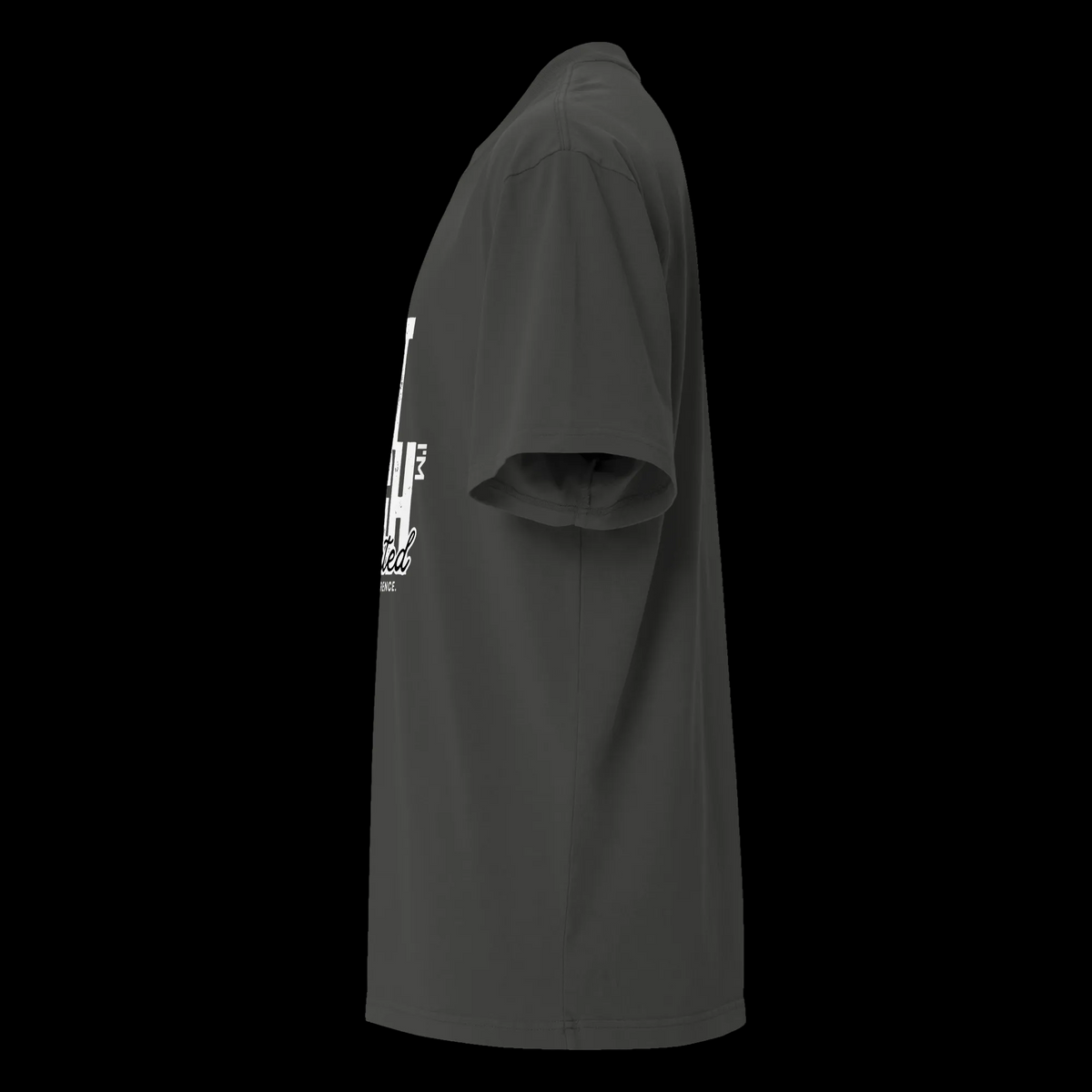 Left-side view of the faded coal oversized tee showing the roomy sleeve, drop shoulder and partial front design.