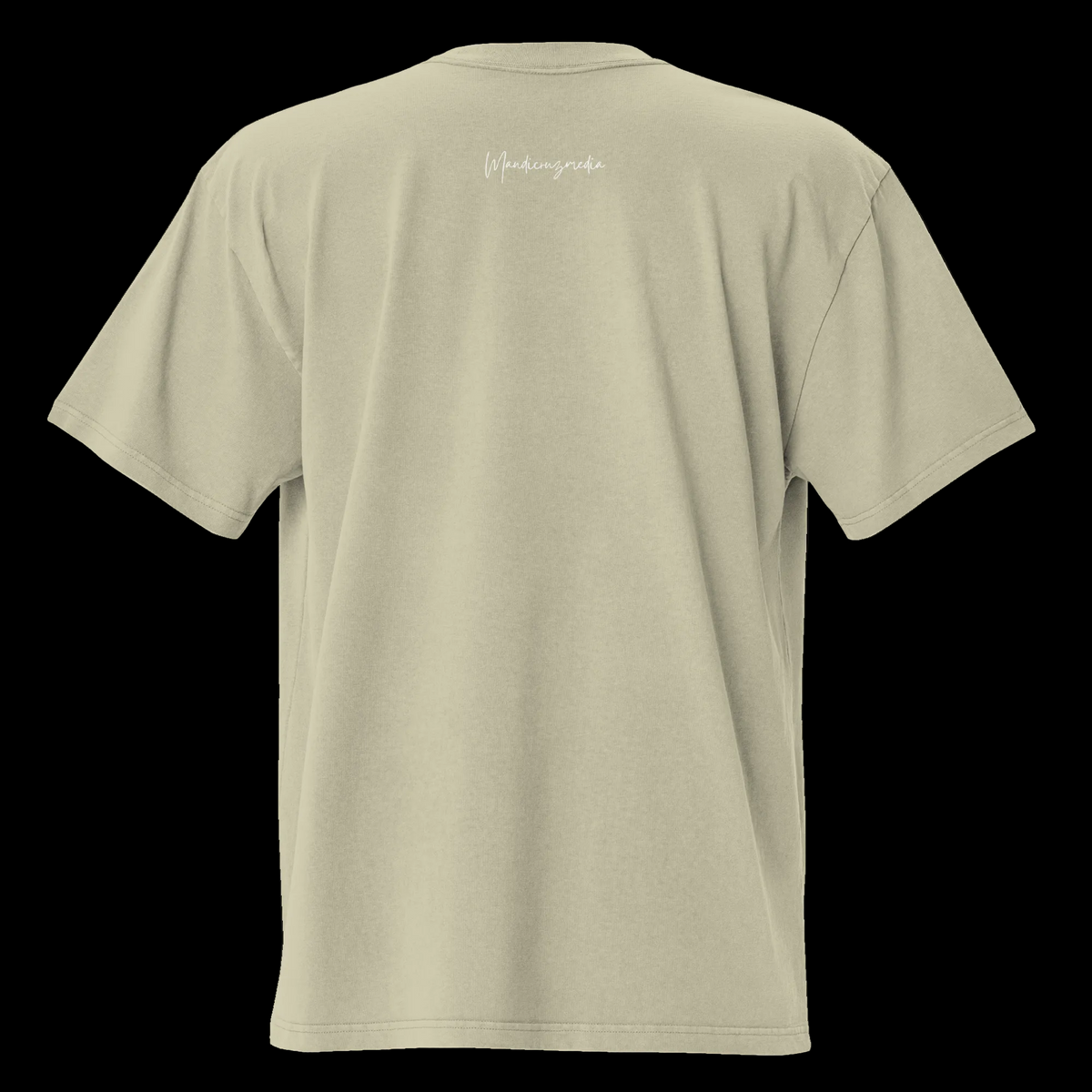 Back view of the faded eucalyptus oversized tee with a small white Mandi Cruz Media script logo below the collar.