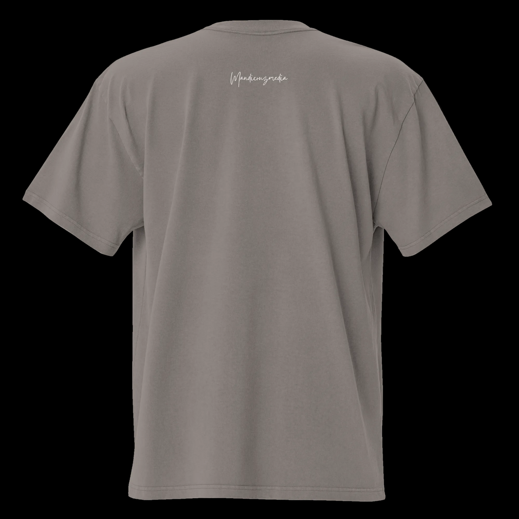 Back view of the faded grey oversized tee with a small white Mandi Cruz Media script logo below the collar