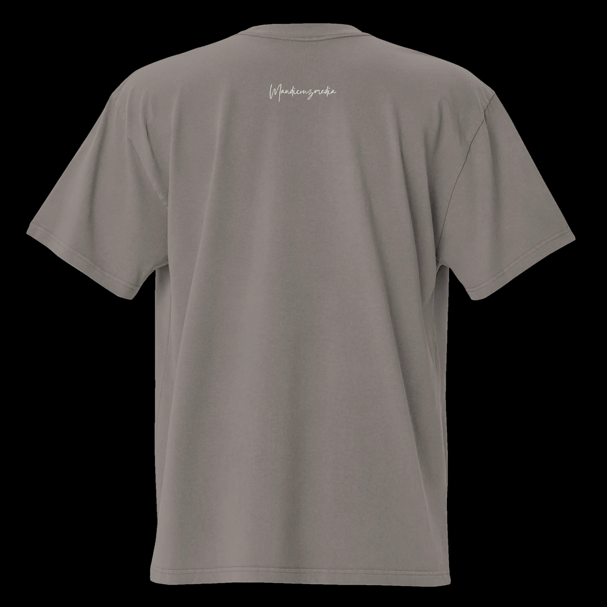 Back view of the faded grey oversized tee with a small white Mandi Cruz Media script logo below the collar