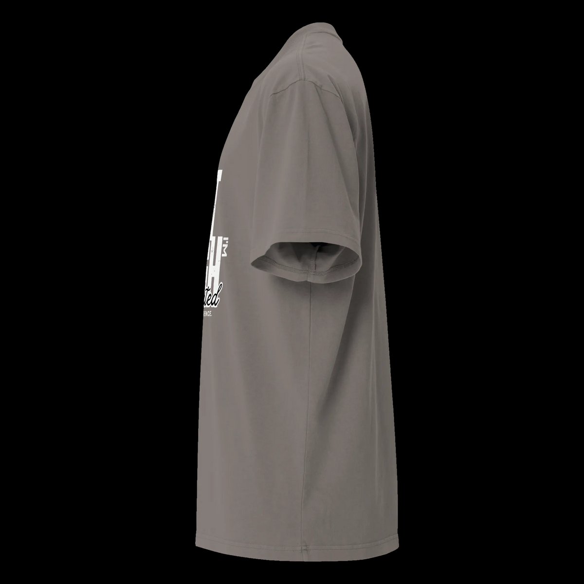 Left-side view of the faded grey oversized tee showing the roomy sleeve, drop shoulder and partial front design.