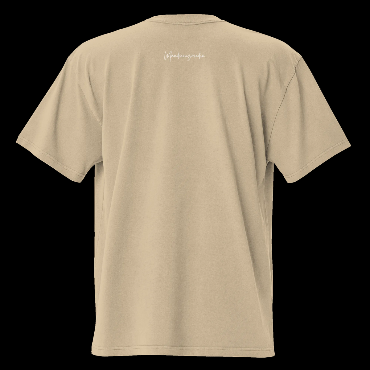 Back view of the faded khaki oversized tee with a small white Mandi Cruz Media script logo below the collar.