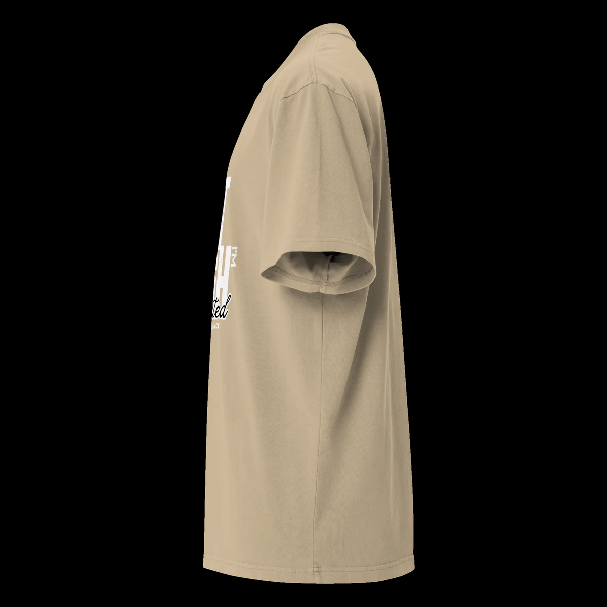 Left-side view of the faded khaki oversized tee showing the drop shoulder, wide sleeve and partial front graphic.