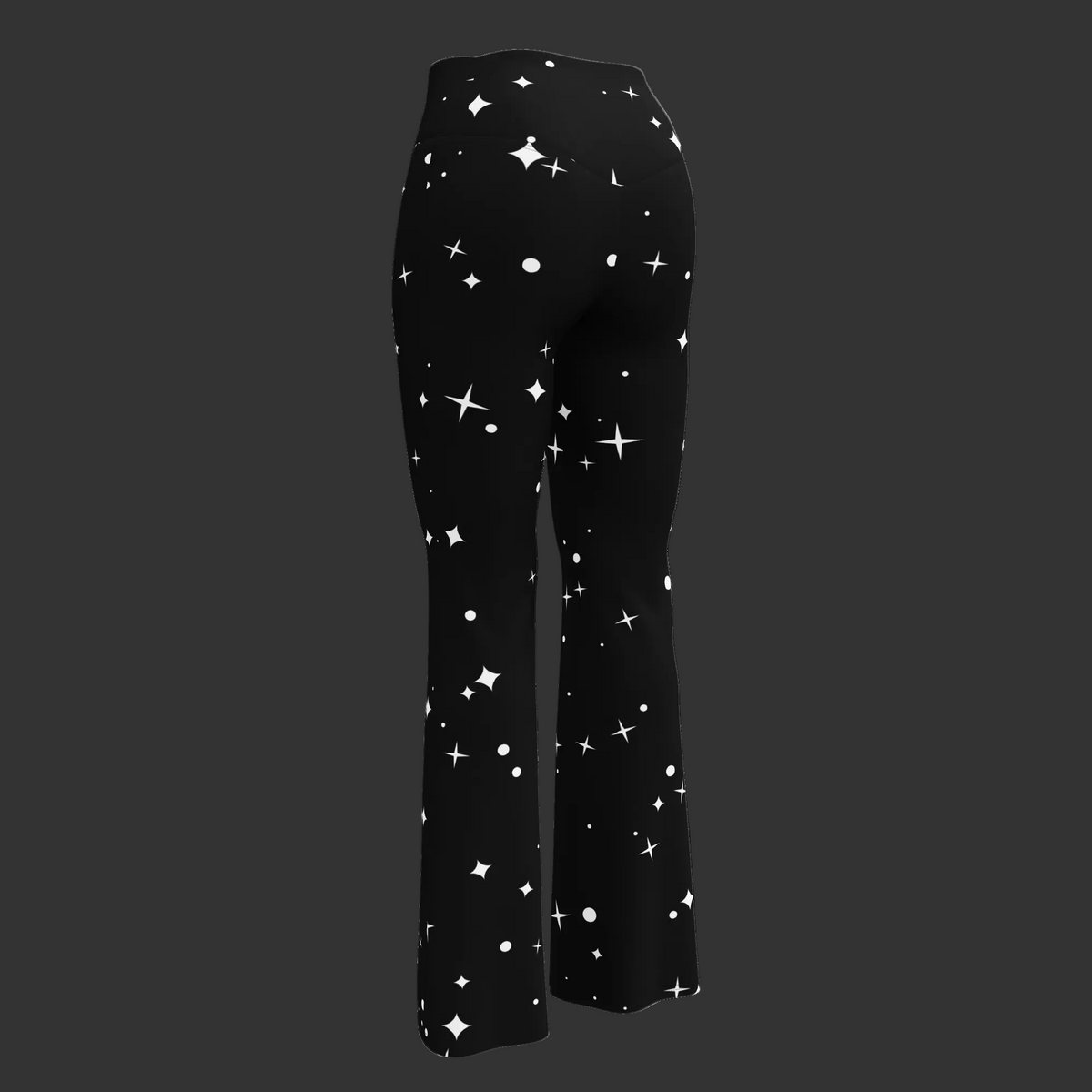 Back view of black high-waisted flare leggings with a scattered white celestial star pattern.