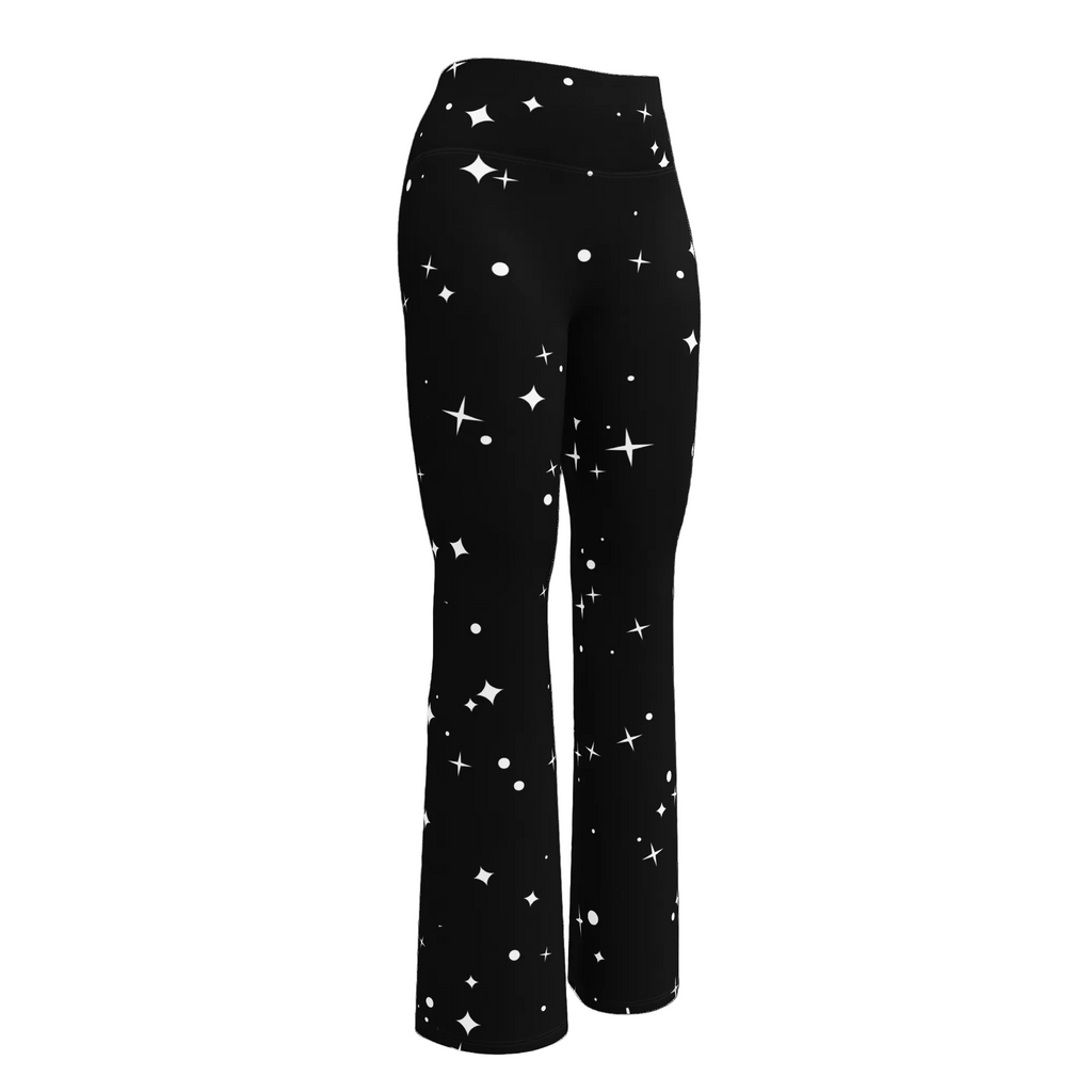Front view of black high-waisted flare leggings with an all-over white celestial