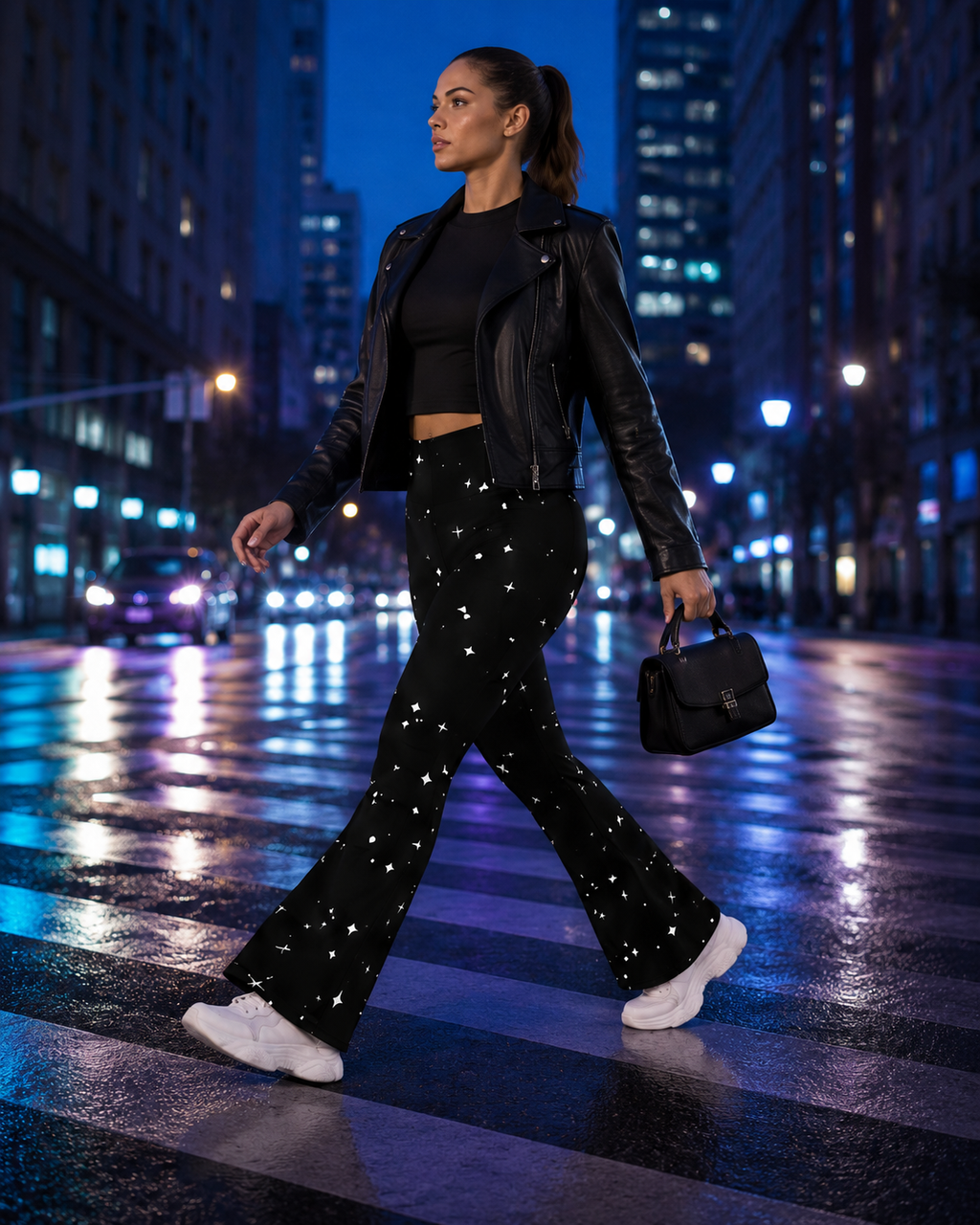 Woman walking through a city at night in black celestial flare leggings, a leather jacket, and white sneakers.