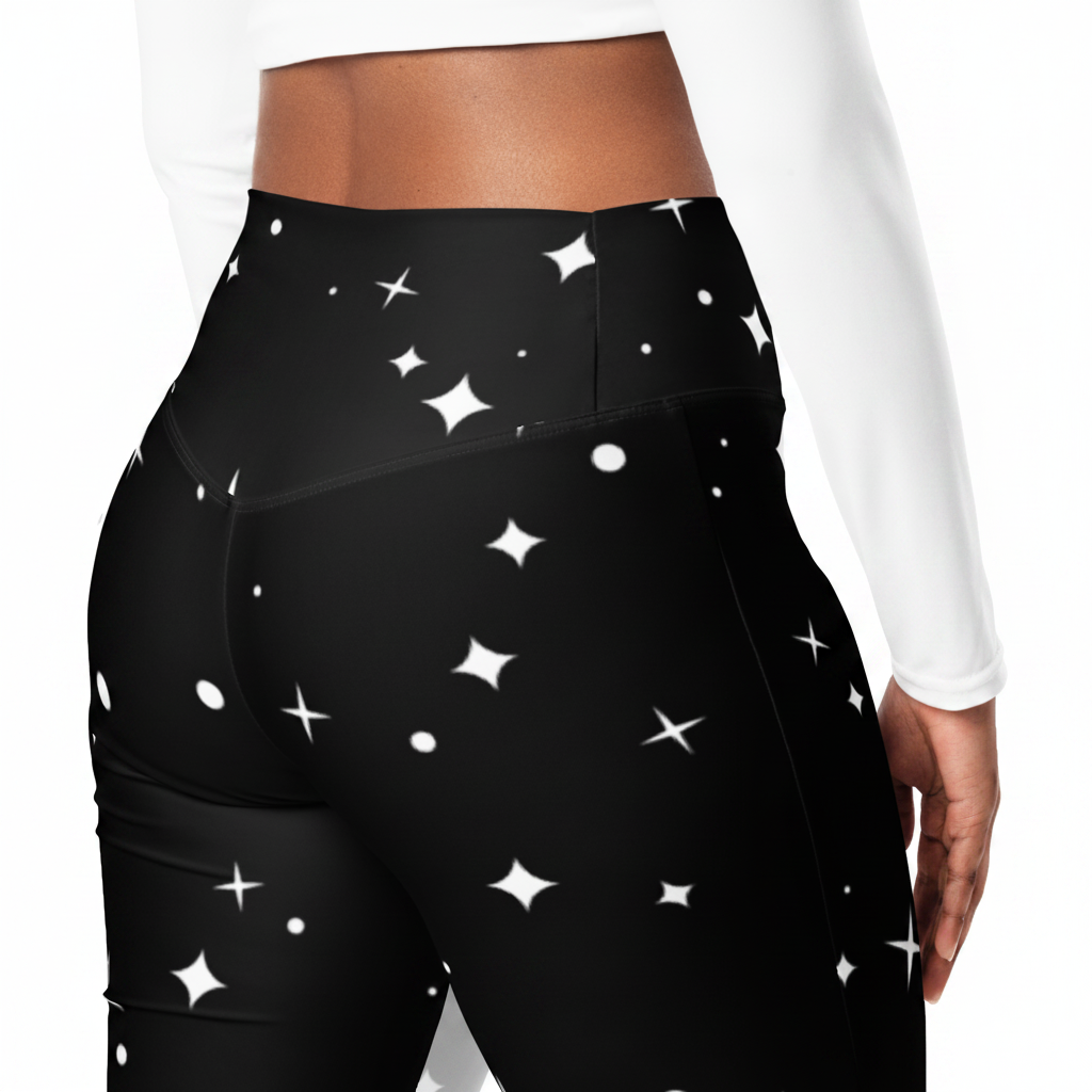 Close-up back view showing the high-rise waistband, shaped rear seam, and white celestial print.