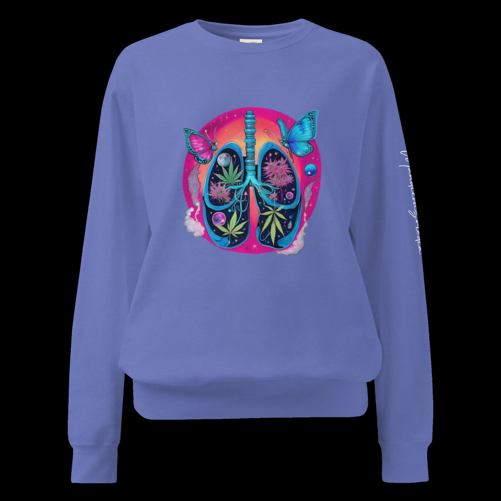 Front view of the Flo Blue unisex sweatshirt featuring colorful Butterfly Lungs artwork with botanical and celestial details.