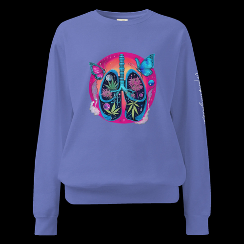 Front view of the Flo Blue unisex sweatshirt featuring colorful Butterfly Lungs artwork with botanical and celestial details.