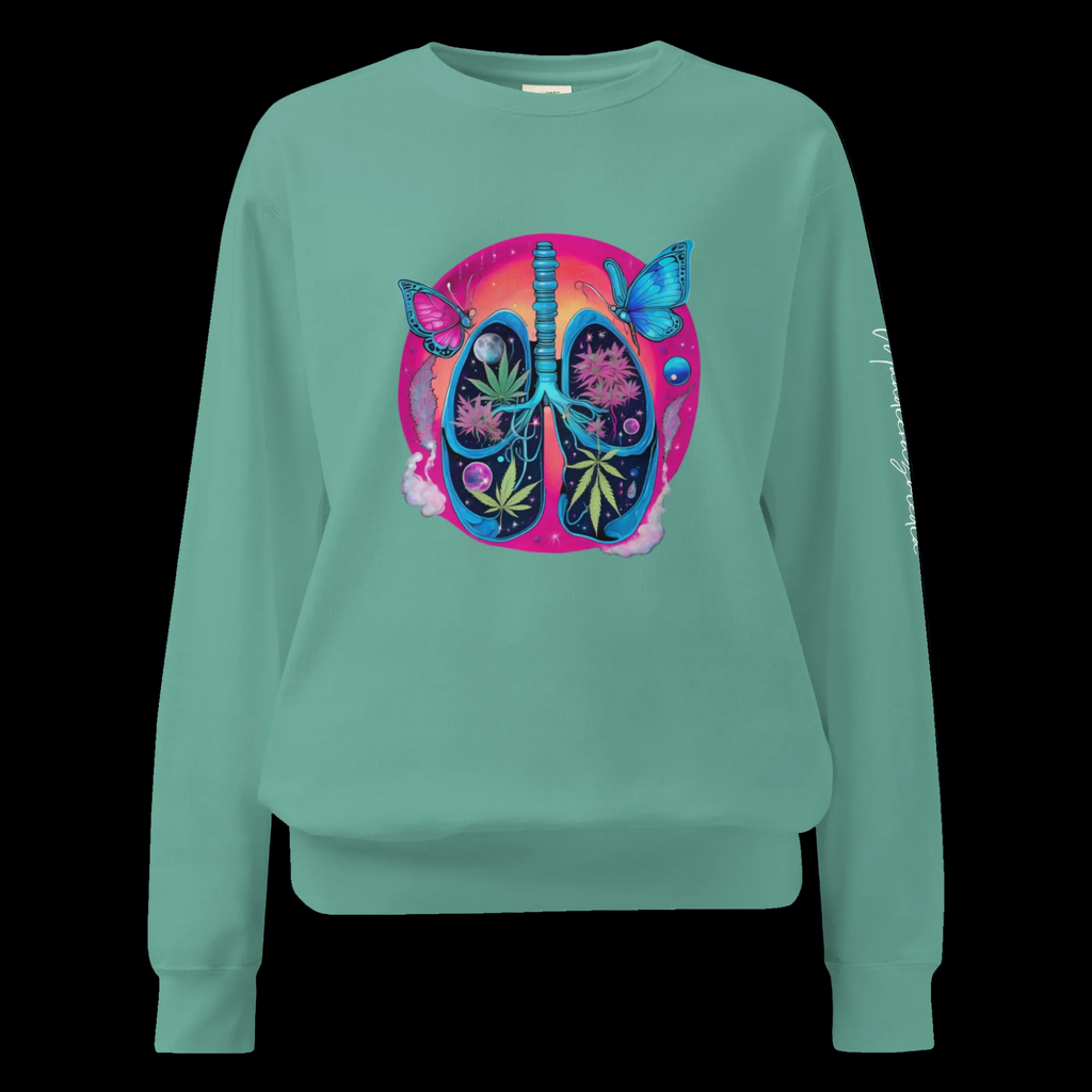 Front view of the Seafoam Butterfly Lungs unisex sweatshirt with colorful anatomical lungs, butterflies and celestial artwork.