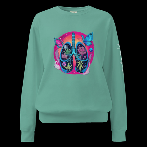 Front view of the Seafoam Butterfly Lungs unisex sweatshirt with colorful anatomical lungs, butterflies and celestial artwork.