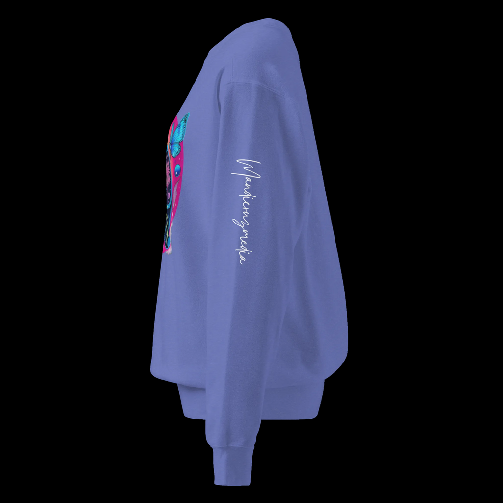 Left-side view of the Flo Blue Butterfly Lungs sweatshirt showing the vertical white Mandi Cruz Media sleeve signature